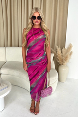 Evie Turquoise & purple Printed Mesh Midi Dress