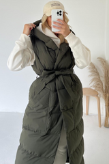 Jasmine Khaki Padded Long Hooded Gilet Coats & Jackets