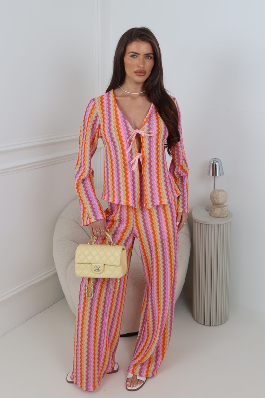 ORLANDO PINK MULTI STRIPED FRONT TIE TOP AND PANTS CO ORD TWO PIECE SET