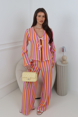 ORLANDO PINK MULTI STRIPED FRONT TIE TOP AND PANTS CO ORD TWO PIECE SET