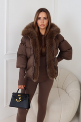 Verity brown hooded puffer coat with faux fur trim