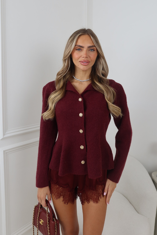 ODETTE BURGUNDY PEPLUM STYLE CARDIGAN
