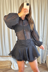 Nalani black sheer button up shirt & frill skirt co ord