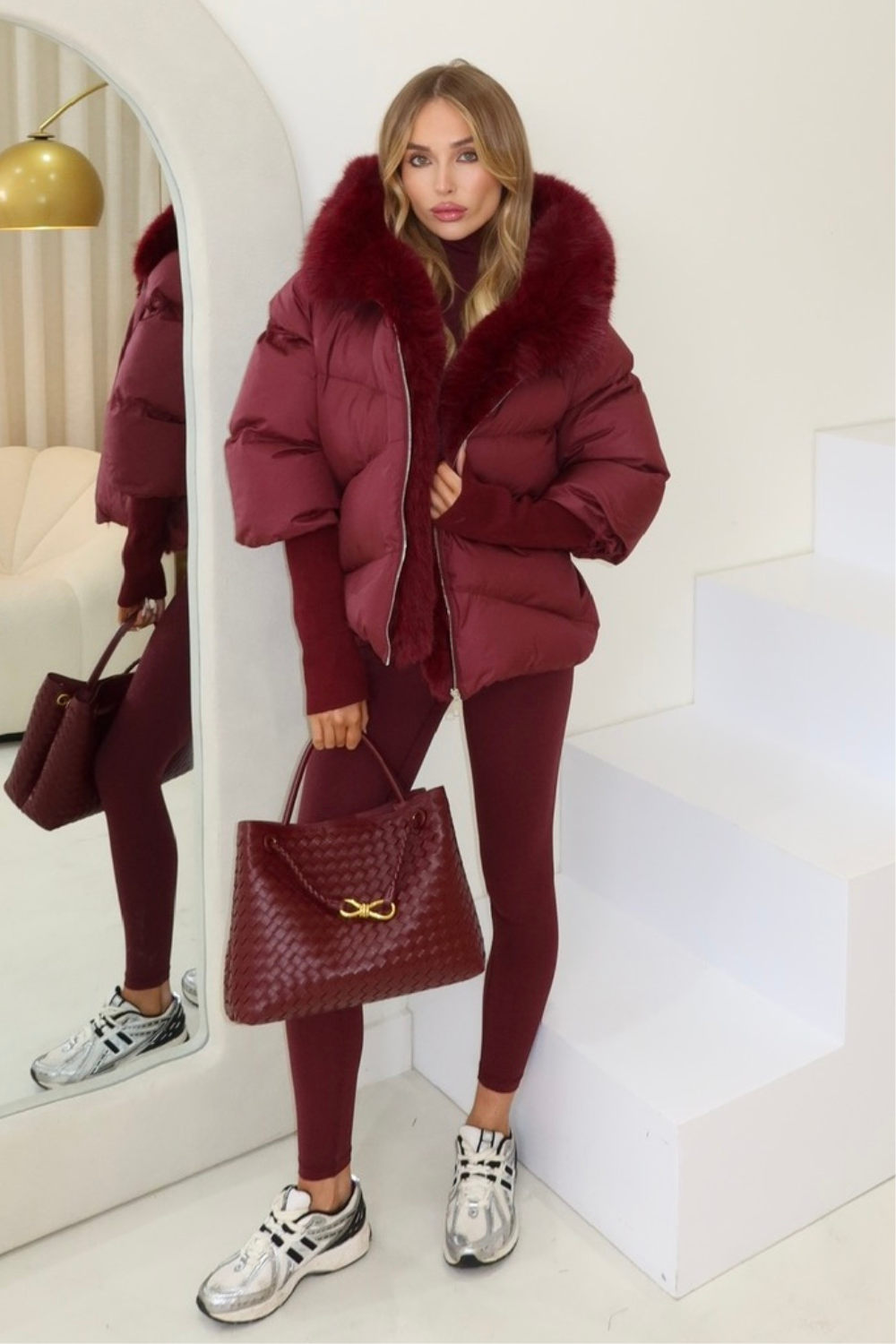 Verity burgundy hooded puffer coat with faux fur trim