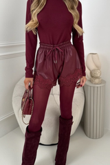 BRIANY BURGUNDY FAUX LEATHER LACE SHORTS