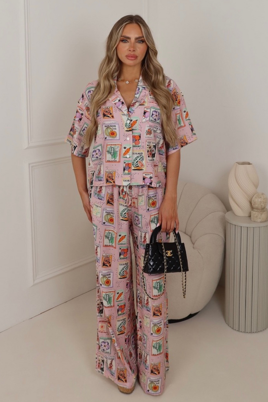 Riley pink fruit print shirt & trouser co ord