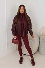 ORLA BURGUNDY FAUX LEATHER BOMBER JACKET