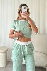 Kalli mint green contrast waistband pants and crop top co-ord