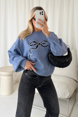 Bow embroidered blue knit sweater