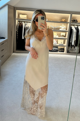 Tiah beige satin lace trim maxi dress