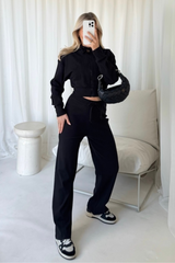 Becky black ribbed cropped jacket & wide leg trousers
