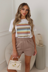 Zig Zag white printed t-shirt and mocha shorts co-ord