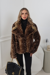 FALLON DEER PRINT COLLARED FAUX FUR JACKET
