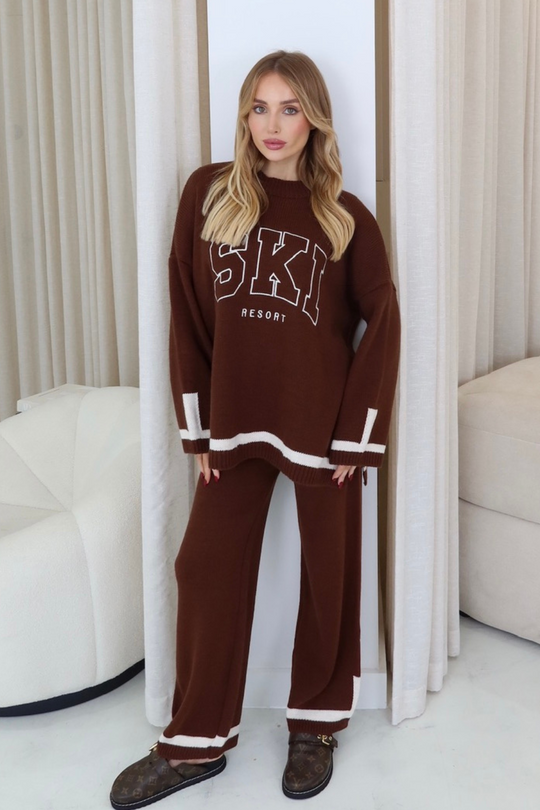 Ski resort chocolate embroidered knitted jumper and trousers