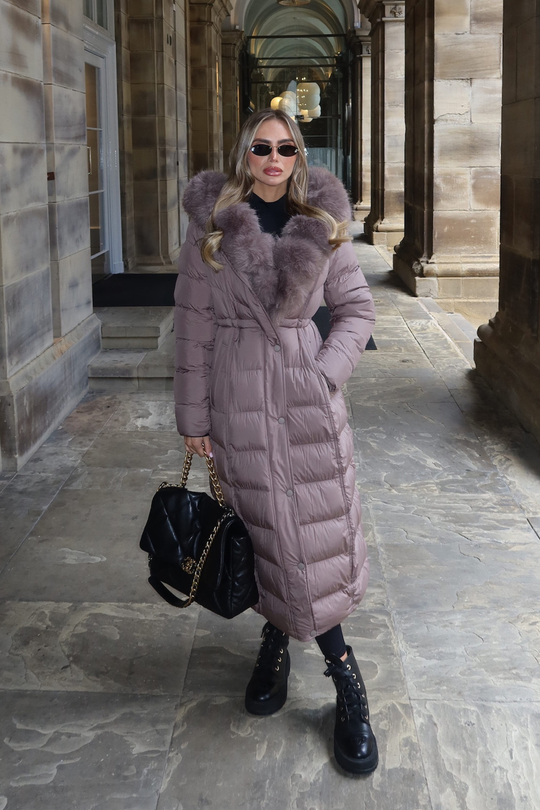 Delphine Taupe Long Faux Fur Collar Puffer Jacket