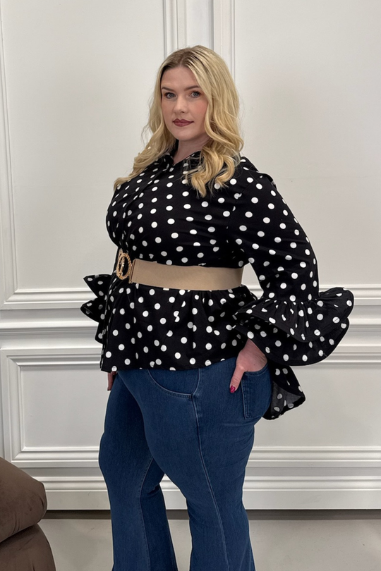 CURVE JANE BLACK POLKA DOT RUFFLE CUFF SHIRT