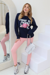 Now or never navy & pink printed sweater and ultimate legging set