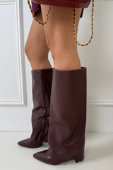 CORA BURGUNDY FAUX LEATHER HIGH HEELED BOOTS