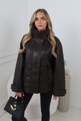 GRACIE CHOCOLATE LEATHER OVERISZED HIGH NECK BUCKLE JACKET
