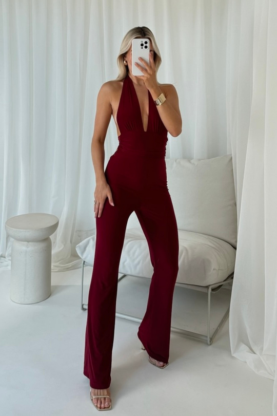 Melissa burgundy halterneck jumpsuit