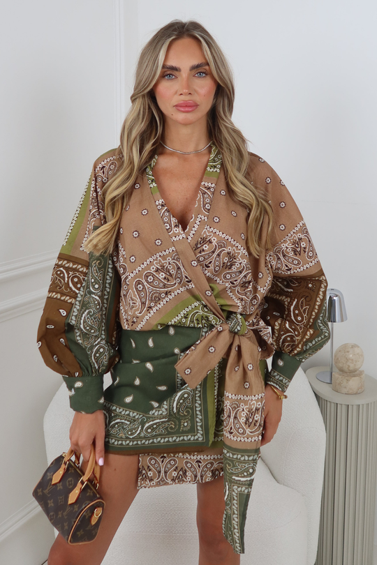 EVERLY KHAKI PAISLEY PRINT TIE FRONT SHIRT DRESS