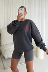 Cherry perfection steel grey printed sweater