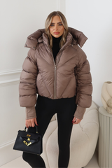 MIA TAUPE CROPPED PUFFER JACKET WITH DETACHABLE HOOD