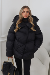 CARMILLA BLACK HIGH COLLAR SHINE FINISH HOODED PUFFER COAT