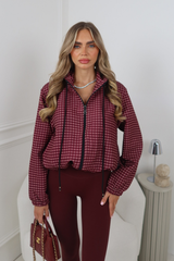 CHARLOTTA BURGUNDY CHECK DRAWSTRING JACKET