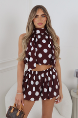 GRACIE CHOCOLATE POLKA DOT PUFFBALL TOP & SKORT CO ORD TWO PIECE SET