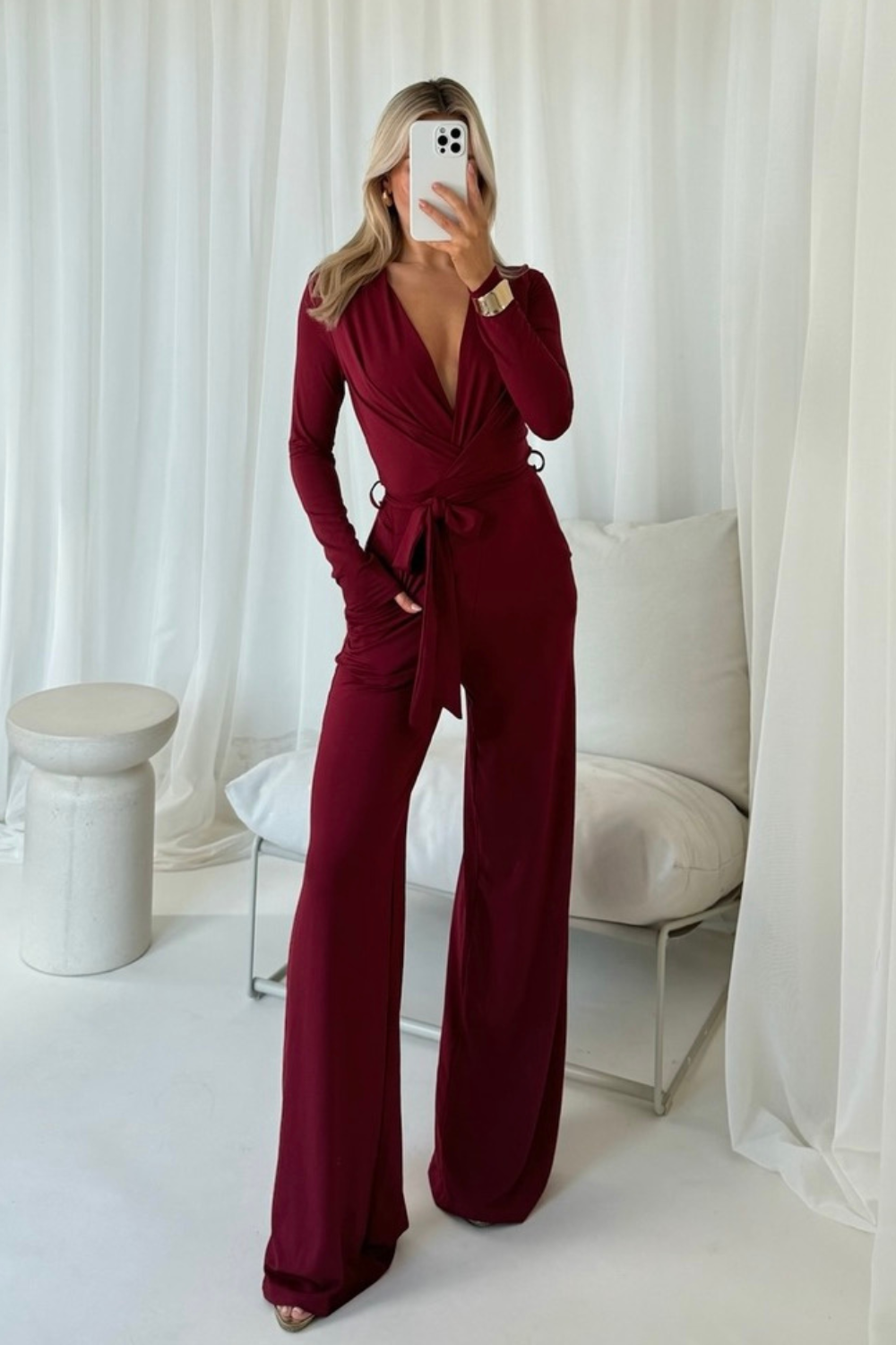 Scarlett Burgundy Long Sleeved Flared Leg jumpsuit – Glamify