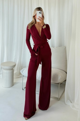 Scarlett Burgundy Long Sleeved Flared Leg jumpsuit