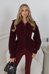 LUMI BURGUNDY KNITTED ZIP UP PEPLUM CARDIGAN