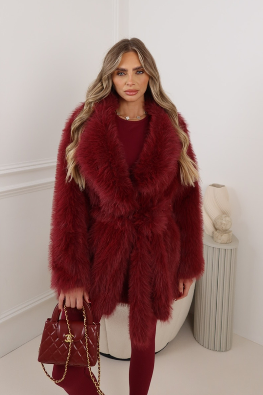 HONEY BURGUNDY FUR ROBE COAT