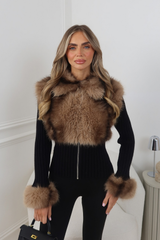 ARIANA BLACK KNITTED ZIP UP CARDIGAN WITH FUR COLLAR