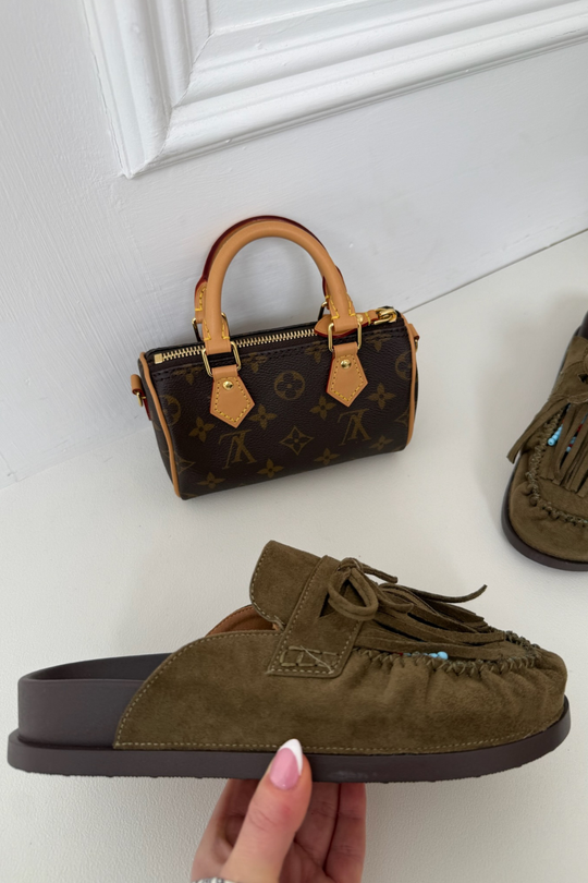 ORLANDA KHAKI FAUX SUEDE BEADED TASSLE MULE