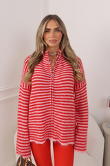 FIONA PINK RED STRIPE FUZZY KNIT ZIP UP CARDIGAN