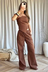 Stella chocolate brown bandeu linen top