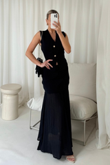 Maddie black knit waistcoat & pleated sheer maxi skirt