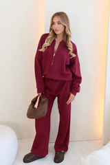 Rosa burgundy bomber jacket and straight leg jogger loungewear