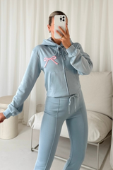 Bow embroidered blue cropped hoodie & flared leg jogger loungewear