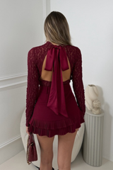 BELINDA BURGUNDY LACE SILK BOW BACKLESS BODYSUIT