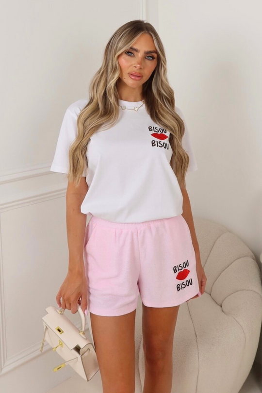Bisou baby pink embroidered t-shirt towelling shorts co ord