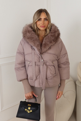 Layla taupe puffer faux fur coat