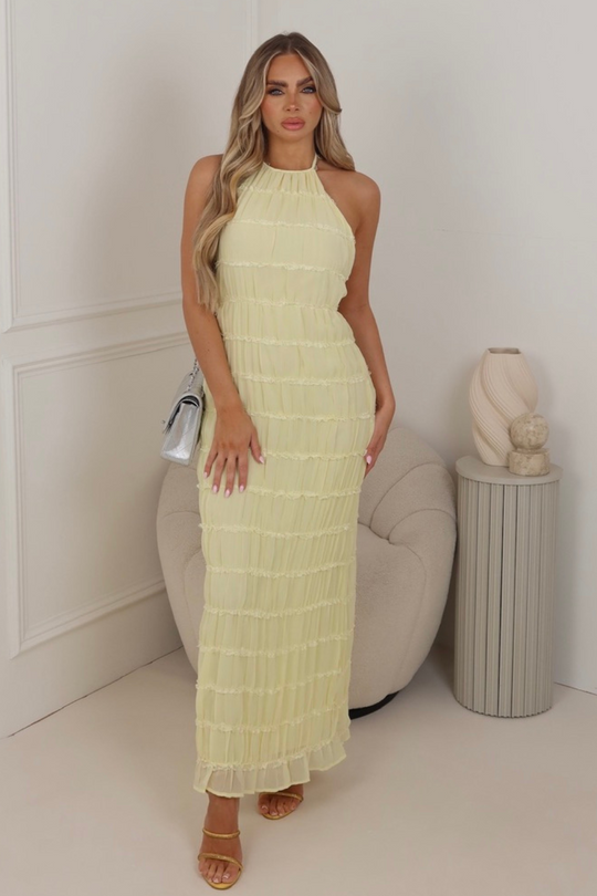 Mila lemon halterneck chiffon open back maxi dress