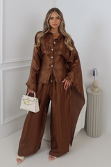 ROSALINA CHOCOLATE CAPE TOP AND MATCHING DRAWSTRING TROUSERS CO ORD TWO PIECE SET