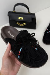 ORLANDA BLACK FAUX SUEDE BEADED TASSLE MULE