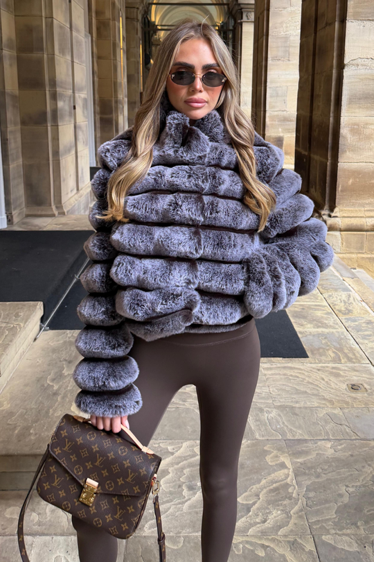 KHLOE CHOCOLATE BUBBLE FAUX FUR COAT