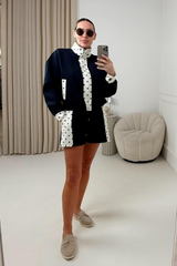 MILA NAVY POLKA DOT TRIM JACKET AND SHORTS SET
