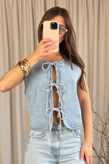 Carla blue denim tie front waistcoat